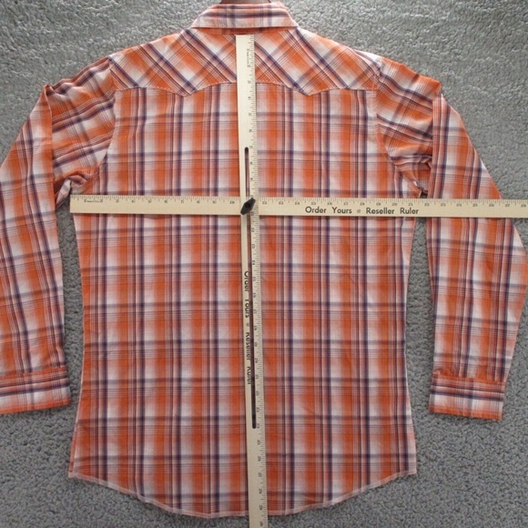 Wrangler Shirt Adult 2XL XXL Pearl Snap Orange Blue Tartan Plaid Men Button Down - Picture 11 of 15